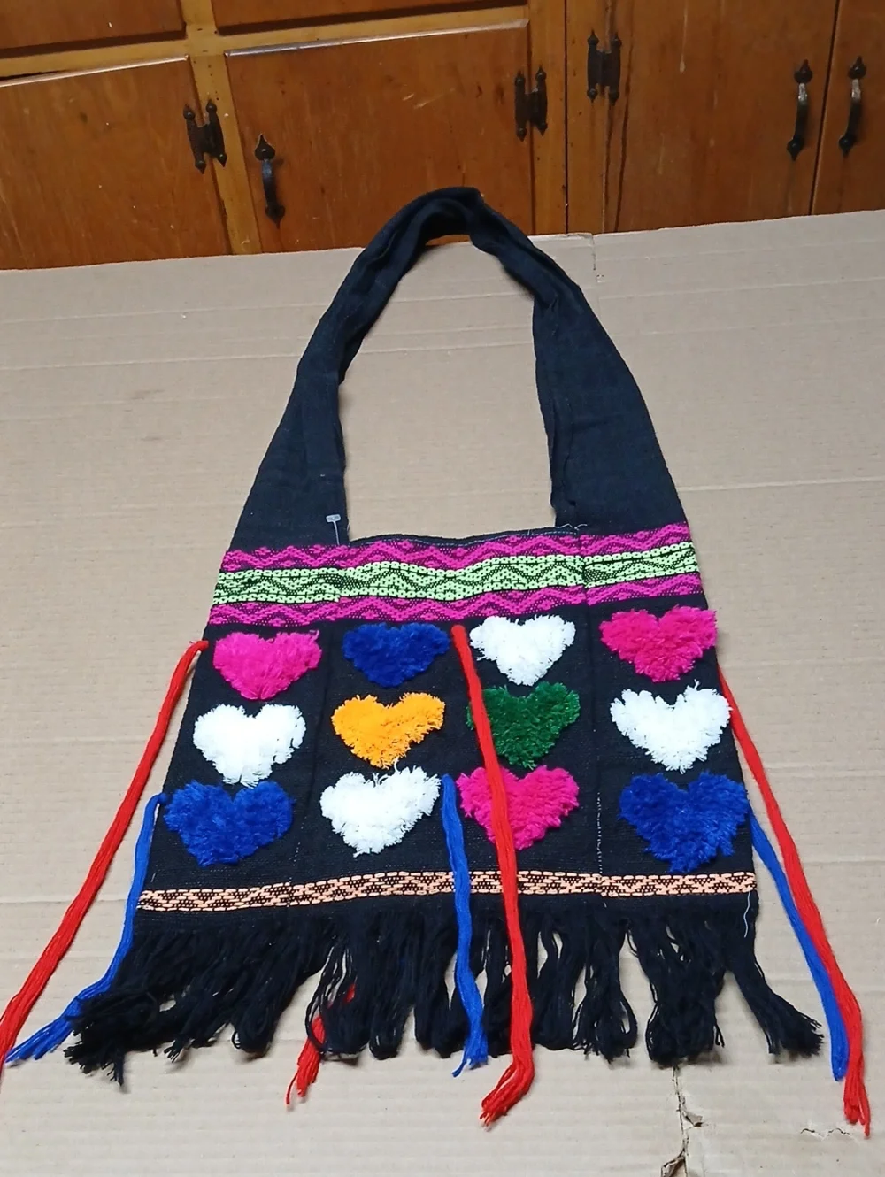 Boho Woven Fabric Hobo Shoulder Bag Black Fringe w/ Multicolor Fuzzy Hearts